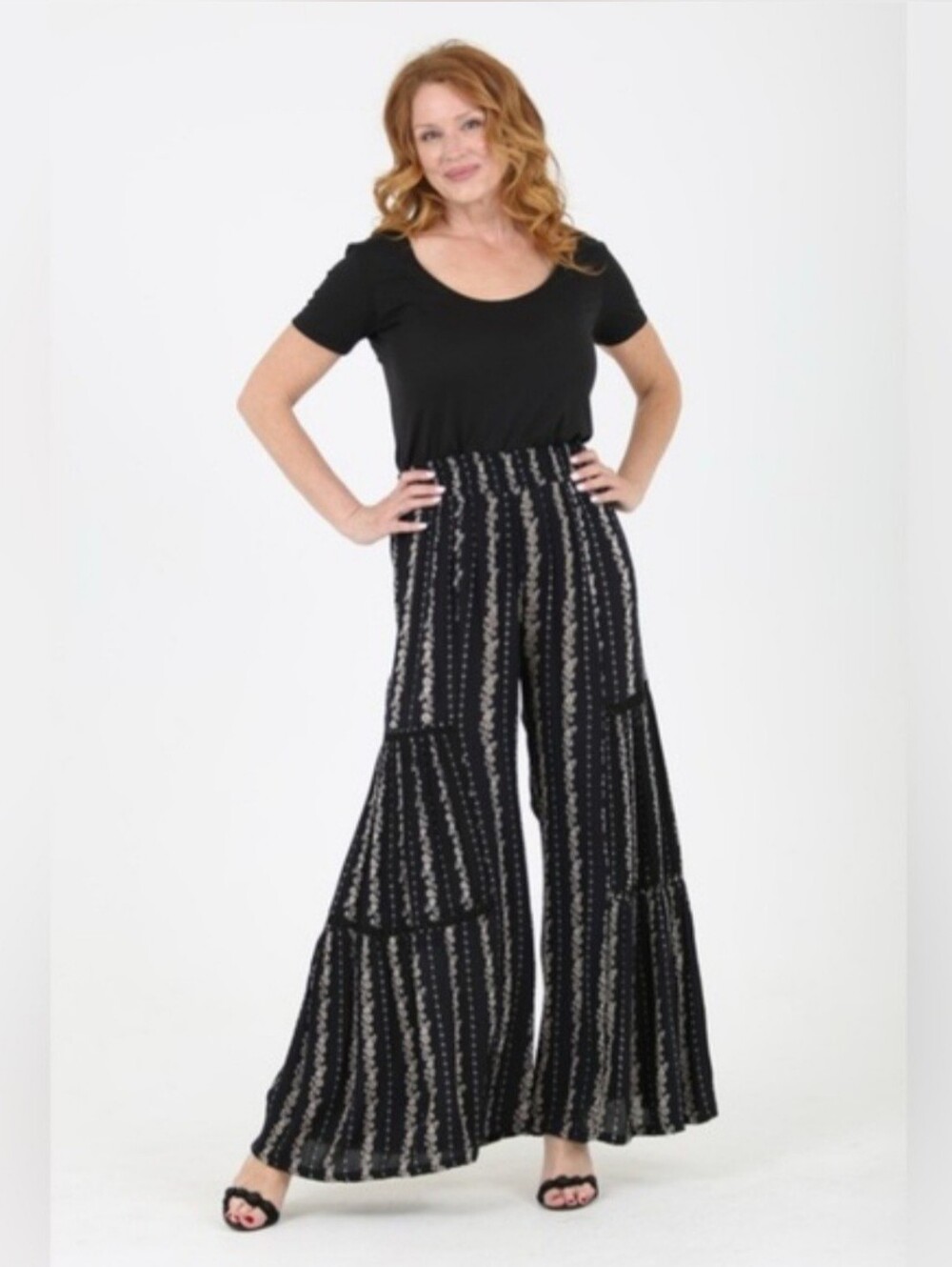 Nostalgia Floral Lace Cut-Out Black Patterned Wide-Leg Tiered Palazzo Pants - XL